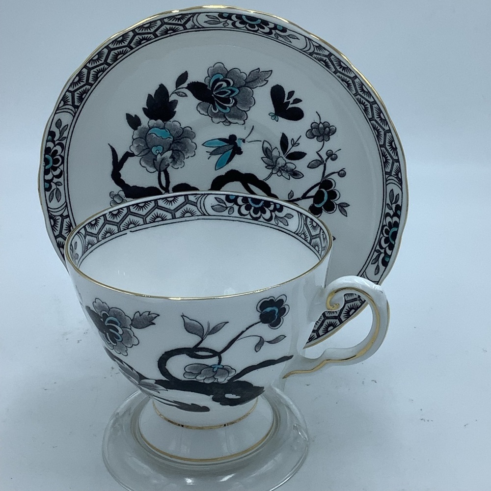 Royal Tuscan England Black/Blue Floral Fine Bone China Teacup & Saucer
